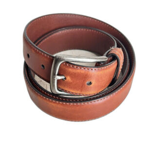 Columbia Brown Leather Belt Mens Size 42 Hand Stitched Gun Metal Buckle Logo